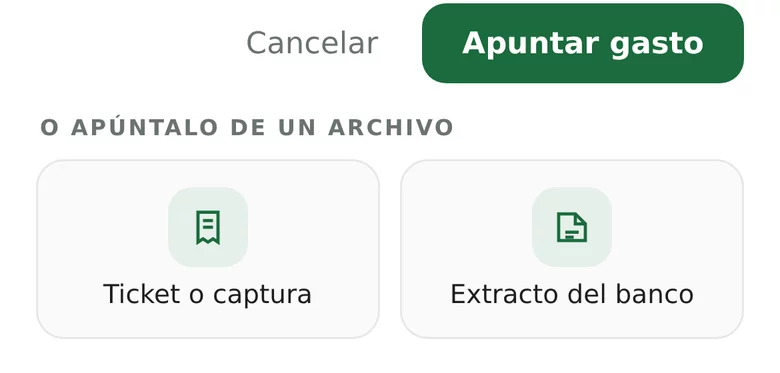 Detalle de la app: «O apúntalo de un archivo», con las opciones de ticket o captura y extracto del banco