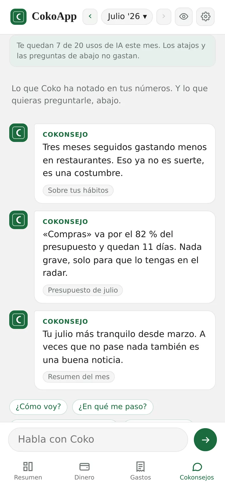 Pantalla de Cokonsejos en la app: las observaciones de Coko sobre tus números y, abajo, el campo para hablar con él